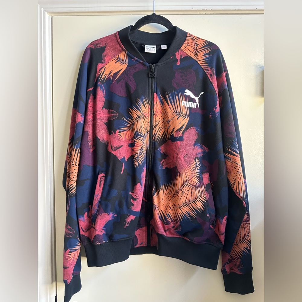 Puma Men’s Summer Tropical Varsity Jacket Black/All Over Floral Print in Large.